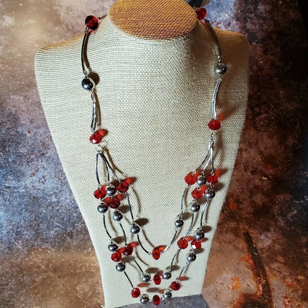 Handcrafted Art Deco Red Silver Draped Multistrand Glass Metal Beads Necklace - Picture 4 of 8